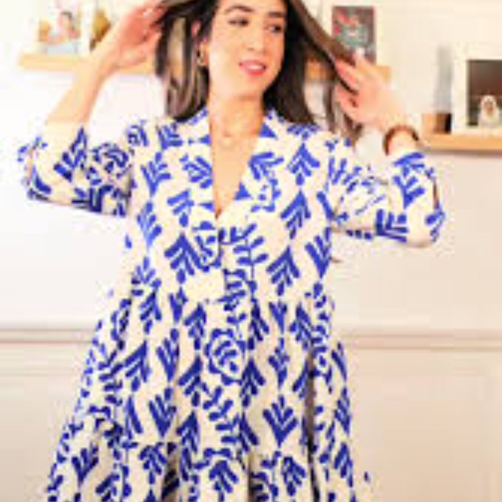 Zara Blue White Bold Print Tiered Swing Dress Sz M - Picture 11 of 11